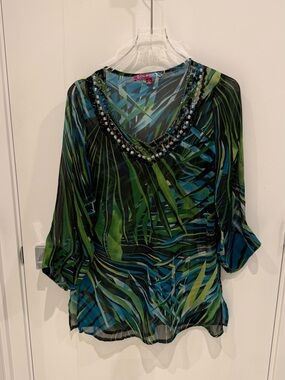 Beaded V-Neck Green & Blue Palm Print Women's Swim Cover Up $20